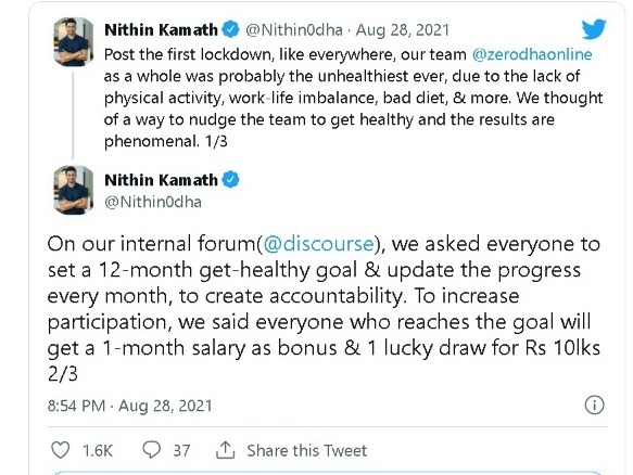Zerodha Offers 10 lakh lottery and a month salary as a bonus to workers who stay fit